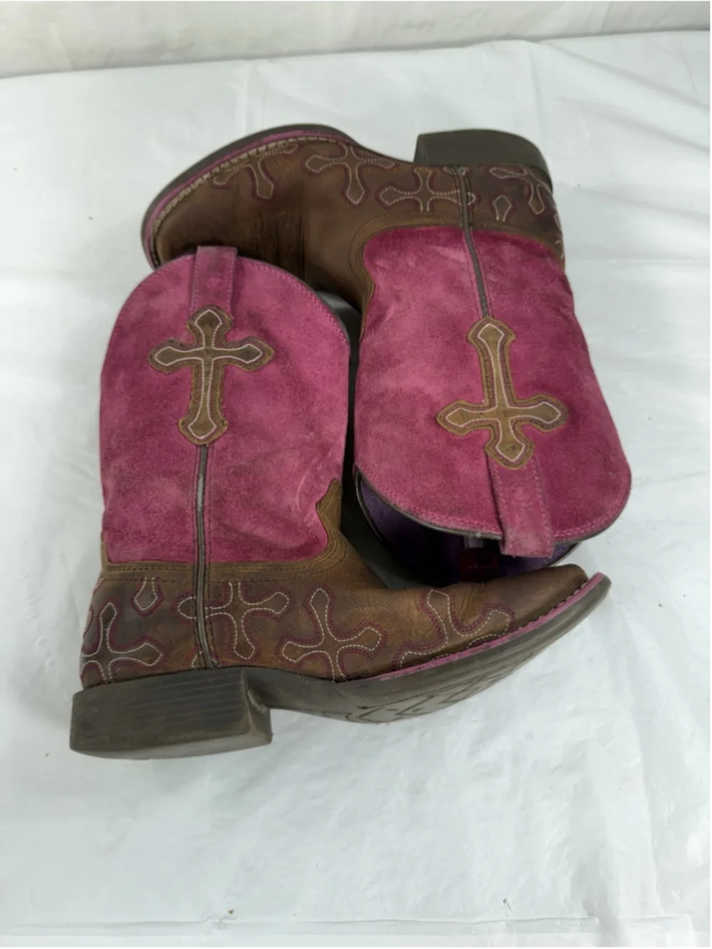 Girls US 1.5 Ariat Kid's Boots Crossroads Distressed Brown Fuschia Crosses